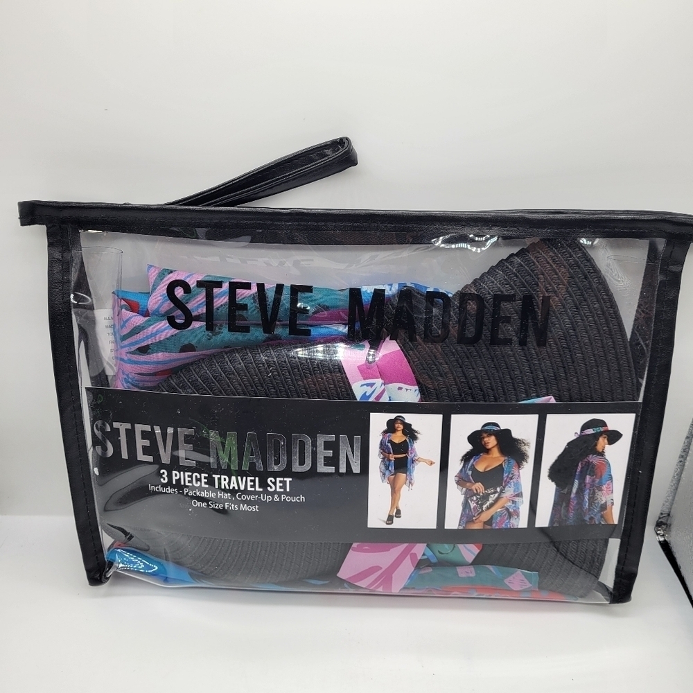 STEVE MADDEN Packable Hat Cover up and Clear Zip Tote Travel trio Gift Set Beach - Picture 2 of 7